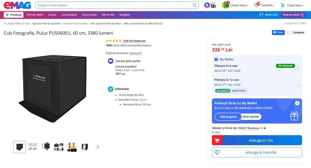Cabina foto pliabila Puluz PU5060EU, 60 cm, 3380 lumeni