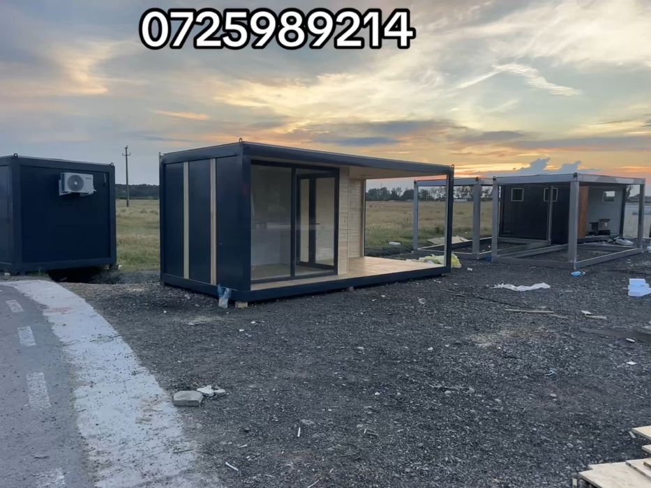 Container terasa modular cu lambriu lemn si sticla vitrina