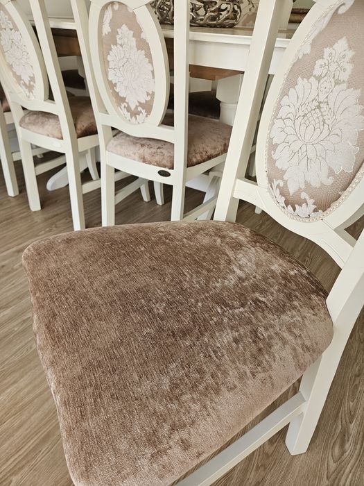 Scaun tapițat alb- cappuccino + masă extensibilă