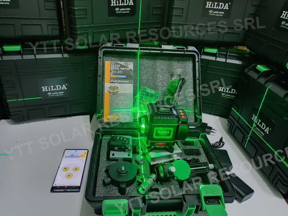 Set Nivela laser profesionala HILDA 4D 16 linii, laser verde 2 baterii