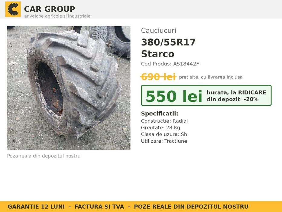 Anvelope Cauciucuri 380/55R17 380/55 R17 380/55-17 3805517 Starco Remorca si Implement Utilaje Agricole SH Second Hand GARANTIE Garantie 1 An Pret Bun