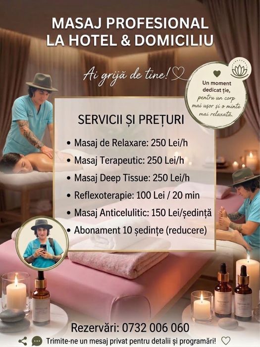 Masaj profesional de relaxare , reflecxoterapie ,fizioterapie ,drenaj linfatic,  la domiciliu sau hotel.