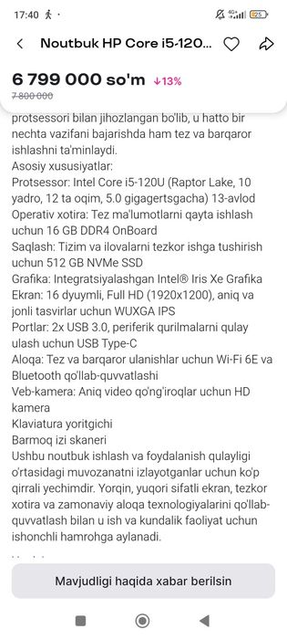 Noutbuk sotiladi HP yangı holatdagi