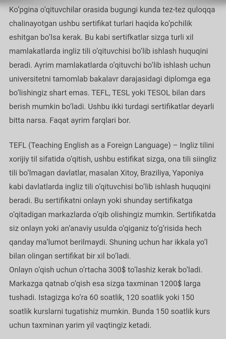 TESOL/TEFL sertifikat olishga yordam beramiz!