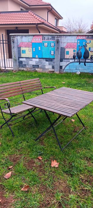 Троянски градински сгъваеми мебели,масив и ковано желязо-маса с2 пейки