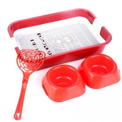 Лоток в наборе с 2 мисками и совочком. Для кошек и котят. Доставка.