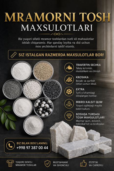 Mramorni kroshka, Mikro kalsit, Qora, Travertin, Talk, Mel,