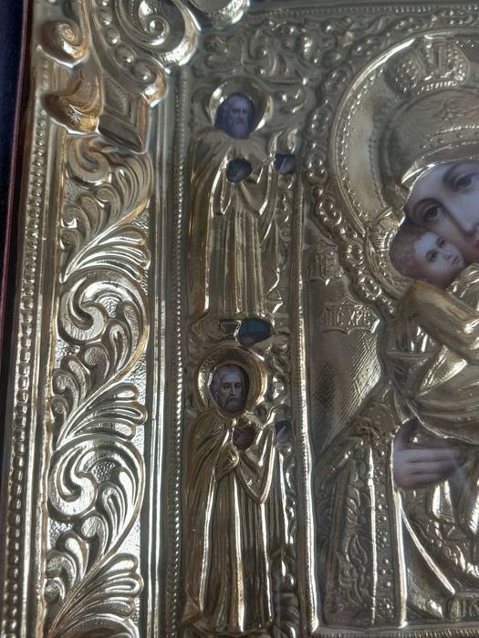 Уникална Руска Икона  с Обков  Почаевската Богородица и Светци