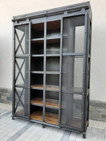 Raft fier stil industrial cu usi glisante plasa, tip vitrina