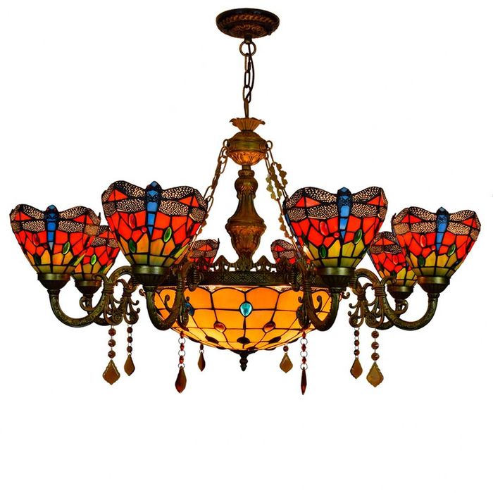 Candelabru Tiffany, model Libelulă Roșie, 8+1 brațe