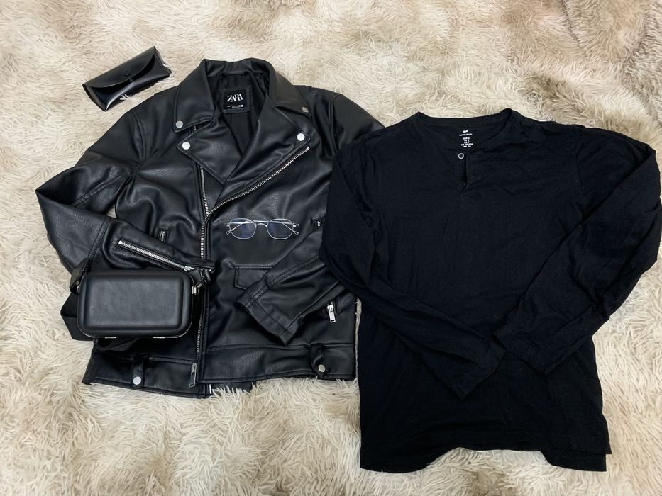 Цена за все (кожанка zara + h&m хенли + барсетка zara + очки нулевки)