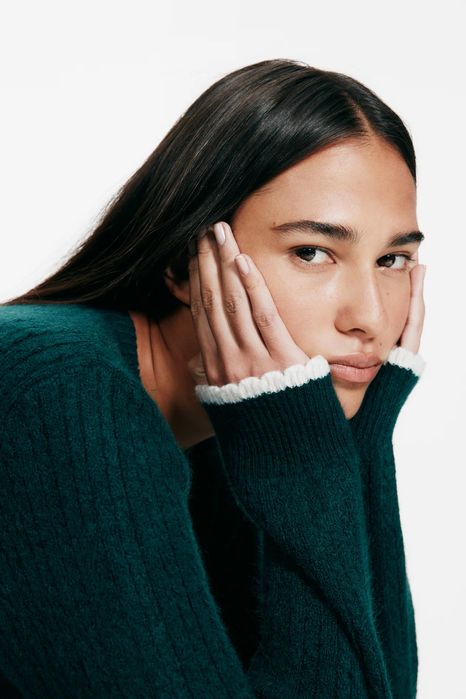 Дамска жилетка H&M с едра плетка, размер - XS, тъмно зелена