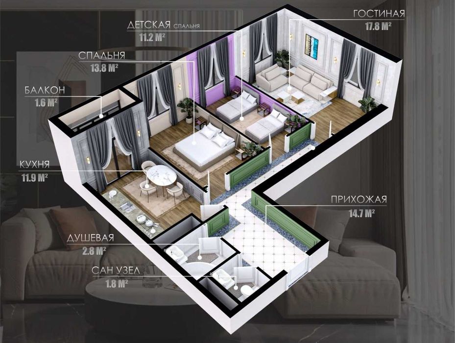 3-комнатная квартира в Мирабаде, рядом с Саракулькой, новостройка(МА)