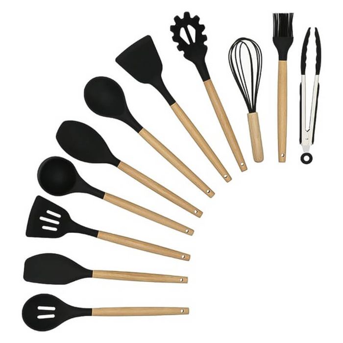 Силиконови прибори за готвене с дървени дръжки