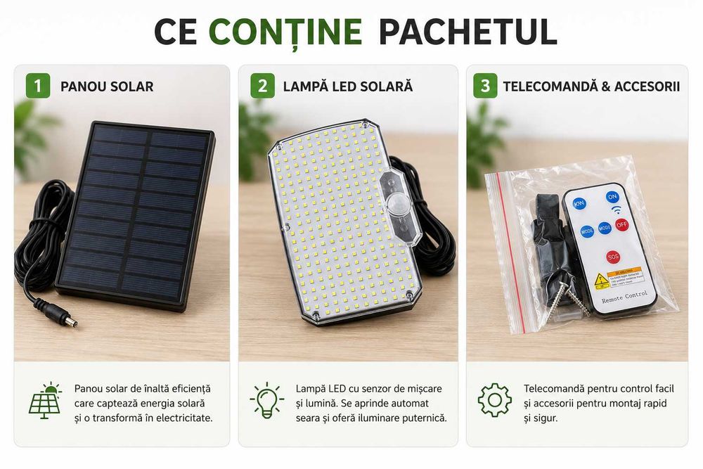 Lampă LED Solară cu Senzor de Mișcare, Panou Solar și Telecomandă