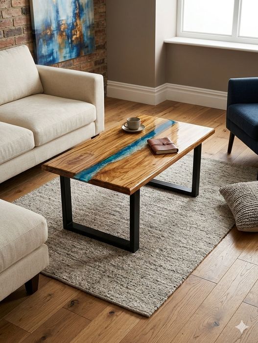 Măsuță cafea UNICAT - Lemn Masiv Nuc/Stejar și Rășină