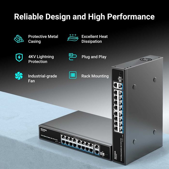 Switch retea ethernet NICGIGA AI-FS1621GP 16 port neadministrat PoE+ 250W,2 port Gigabit Uplink,1 port SFP mod VLAN,montare rack 19 inch,Plug and Play