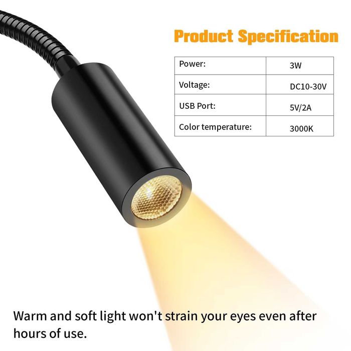 Set 2 lampi LED citit 12V gat flexibil port USB autorulota barca negru
