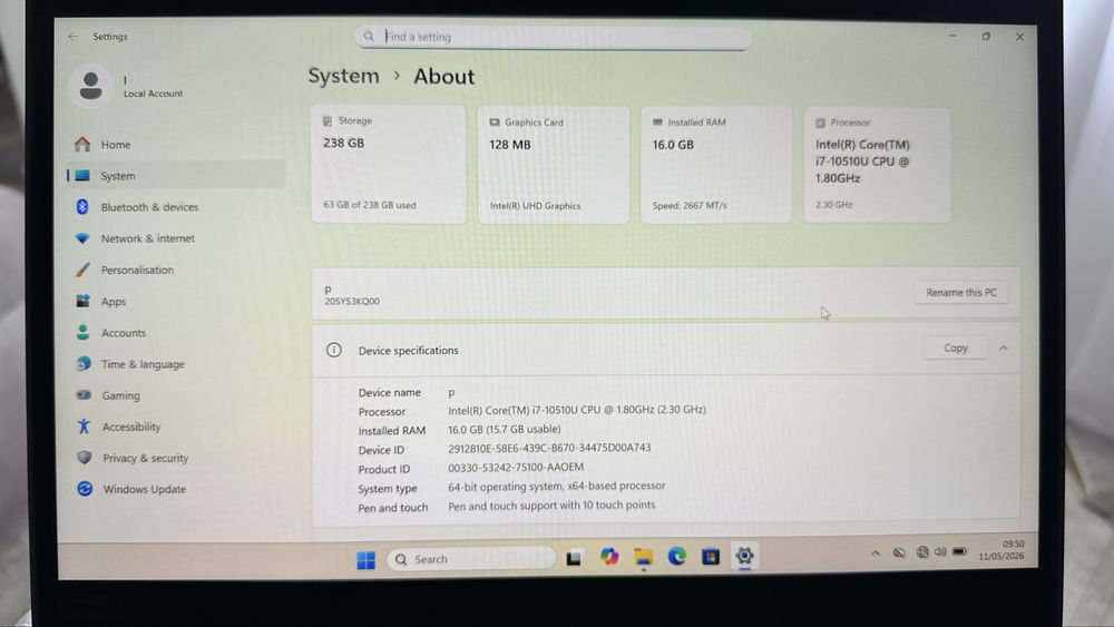 Лаптоп Lenovo Thinkpad x13 Yoga Gen 1 FHD 13.3” Тъч /  Intel i7-10510u 16GB RAM 256GB SSD Win11 Pro+ Посалка / MS OFFICE 2011 Pro Plus