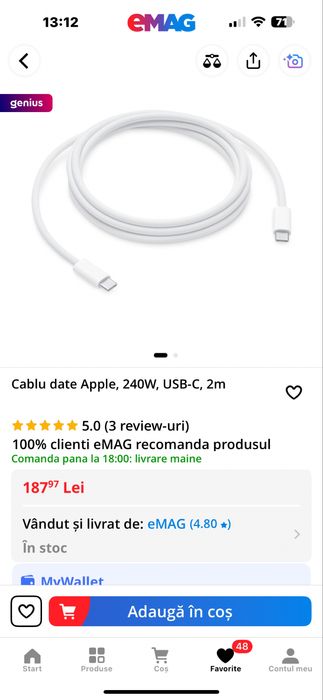 Cablu date Apple, 240W, USB-C, 2m, nou, original 100% !