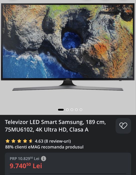 Televizor LED Smart Samsung, 189 cm, 75MU6102, 4K Ultra HD, Clasa A