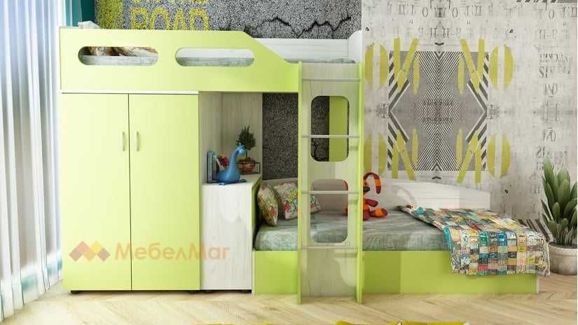 Двуетажно легло зелено с гардероб , скрин и бюро , комплект