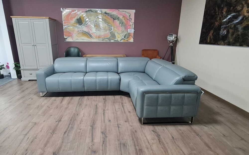 Сиво - син кожен ъглов диван "Marvella"