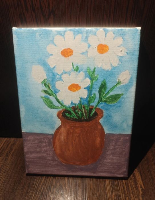 Tablou pictat manual - Margarete în vază 24x18 cm