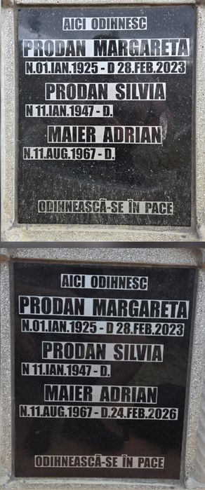 Inscripționare / completare dată de deces pe monumente funerare