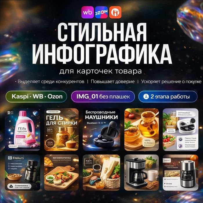 Дизайн карточек товара, инфографика и баннеры для для Kaspi, WB и Ozon
