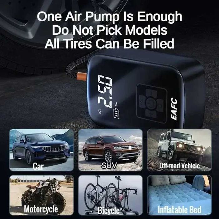 Преносим компресор за гуми помпа за гуми LED дисплей вградена батерия