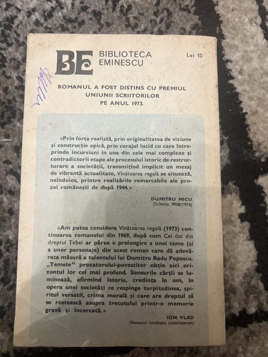 Carte “Vînătoarea regala” de D. R. Popescu