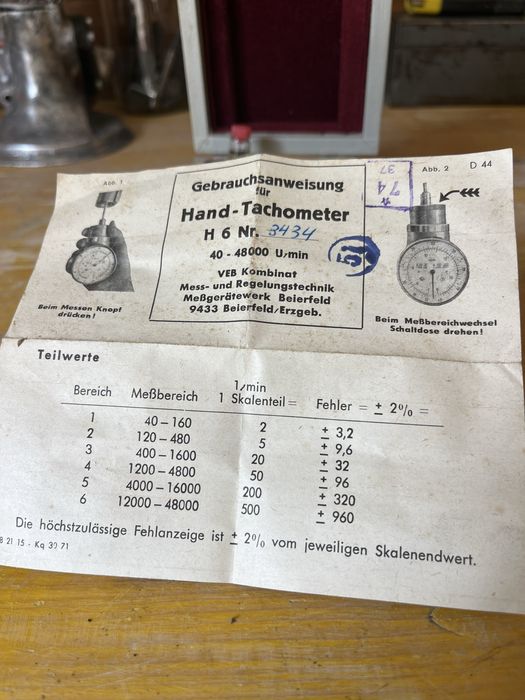 Оборотометър механичен VEB Kombinat Hand-Tachometer TYP H6 40-48000min-1