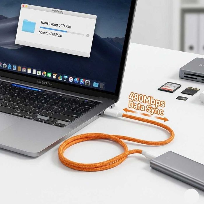 Cablu USB-C la USB-C 60W, Wyred by Monga, 1m, Împletit, Portocaliu NOU