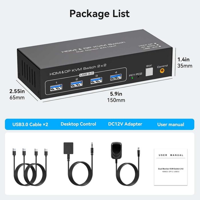 HDMI+Displayport KVM превключвател 2 монитора 2 компютъра 4K/60Hz