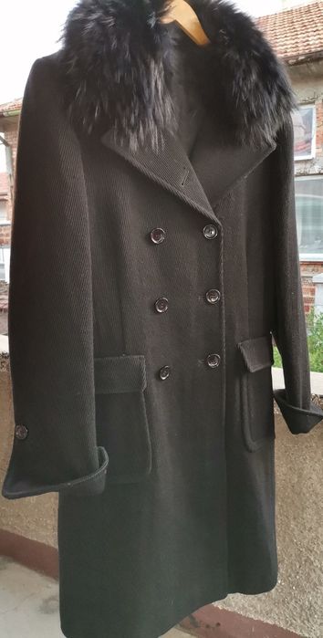 Черно палто 100% вълна и лисица