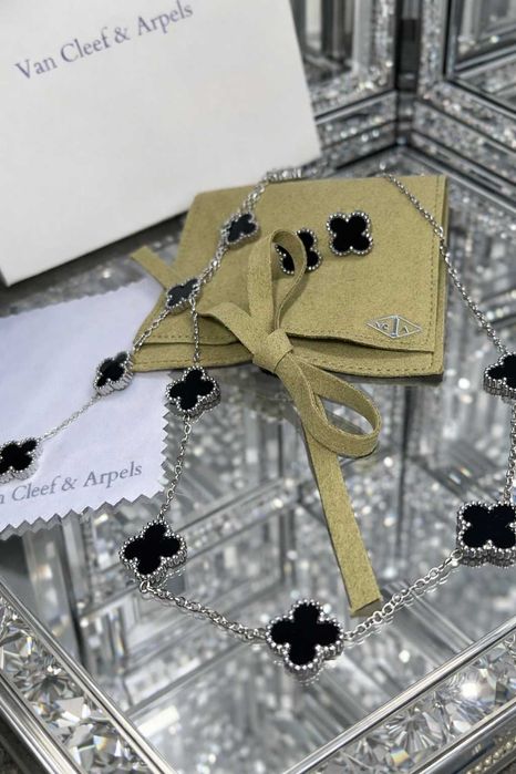 ван клиф сет бижута сребърни с черна детелина комплект van cleef колие
