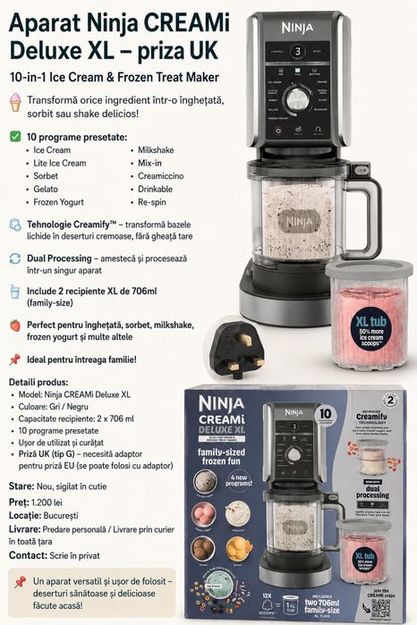 Aparat de inghetata Ninja CREAMi Deluxe 10 programe, negru/argintiu NOU