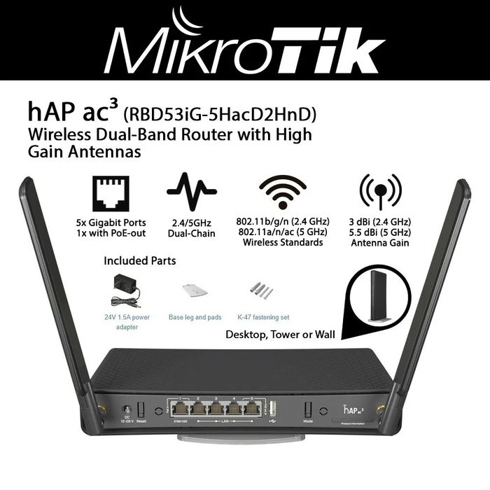 # MikroTik hAP ac3 (RBD53iG-5HacD2HnD) Маршрутизатор Двухдиапазонный