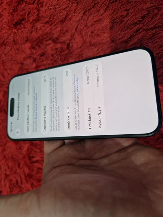-Iphone 15Pro, ca Nou 256Gb 8Ram ireprosabil Bat:87%-691 cicluri incarcare Blue Titanium doar telefonul poze reale nici o reparatie/interventie MDM