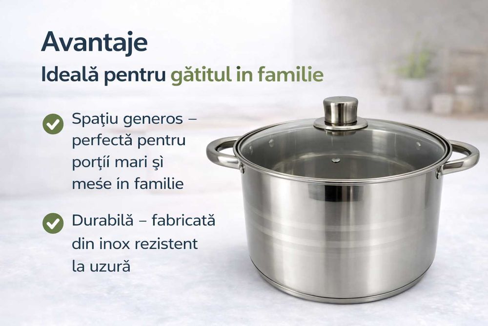 Oala inox 9 litri cu capac de sticla pentru gatit zilnic