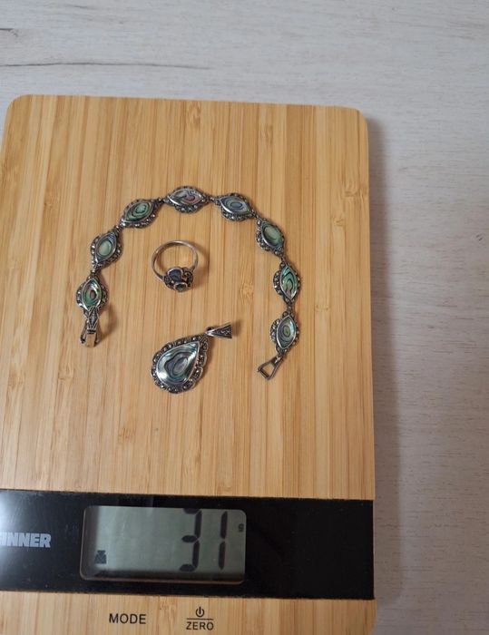 Set, brățară, pandantiv și inel - argint 925 cu abalone și marcasite