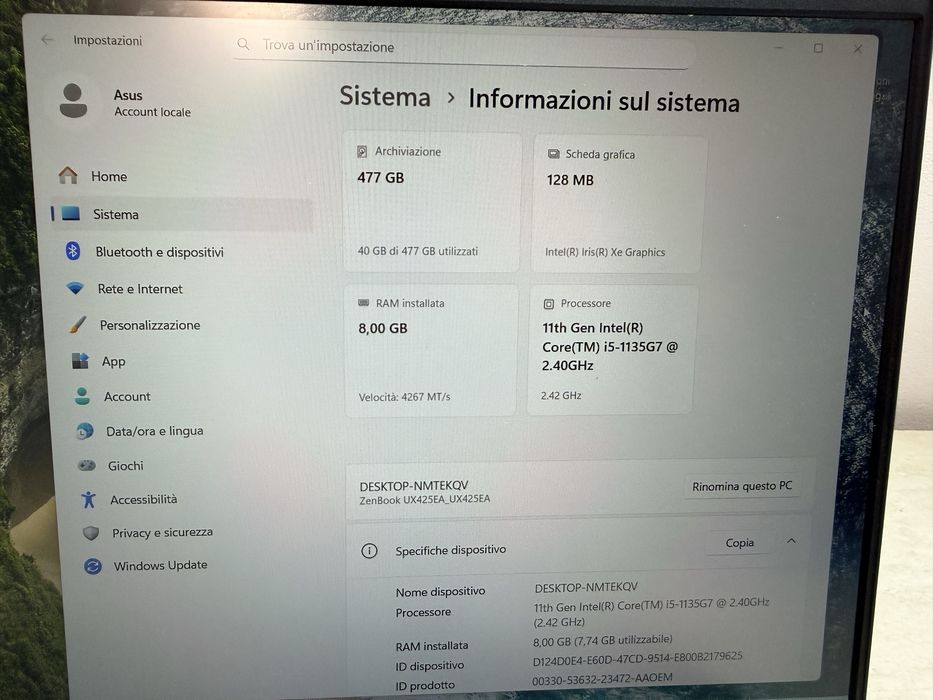 Asus Zenbook 14 i5-1135G7/ 8 Gb RAM 4267 mhz/Nvme 512 Gb/Baterie 10ore