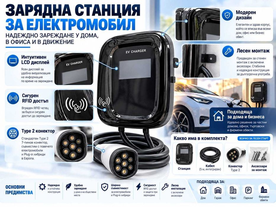 Зарядна станция за електромобил EV Charger 7/11/22 kW, RFID, LCD