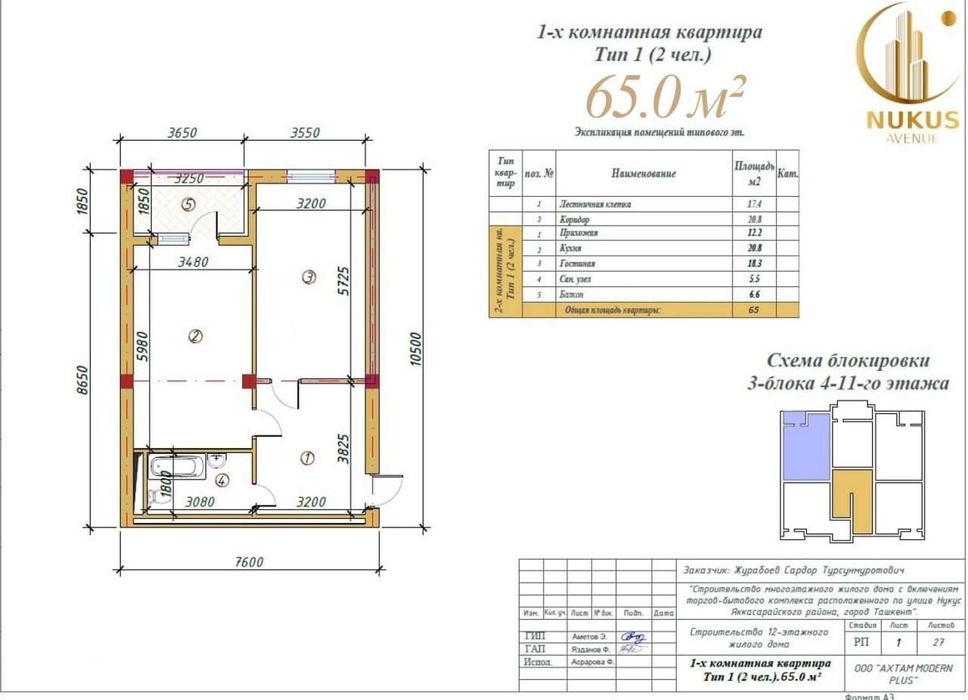 Продаётся 2ком ЖК Nukus Avenue 65м2 ор-р: ул.Нукус