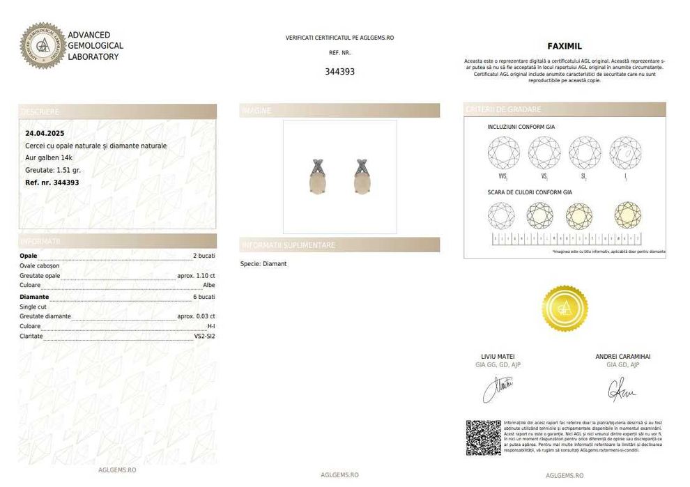 Pereche de cercei din aur, decorată cu opale și diamante