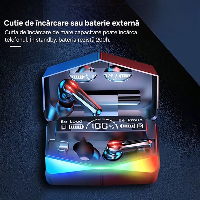 Căști bluetooth ultra performante. Powerbank inclus. Capac oglindă.