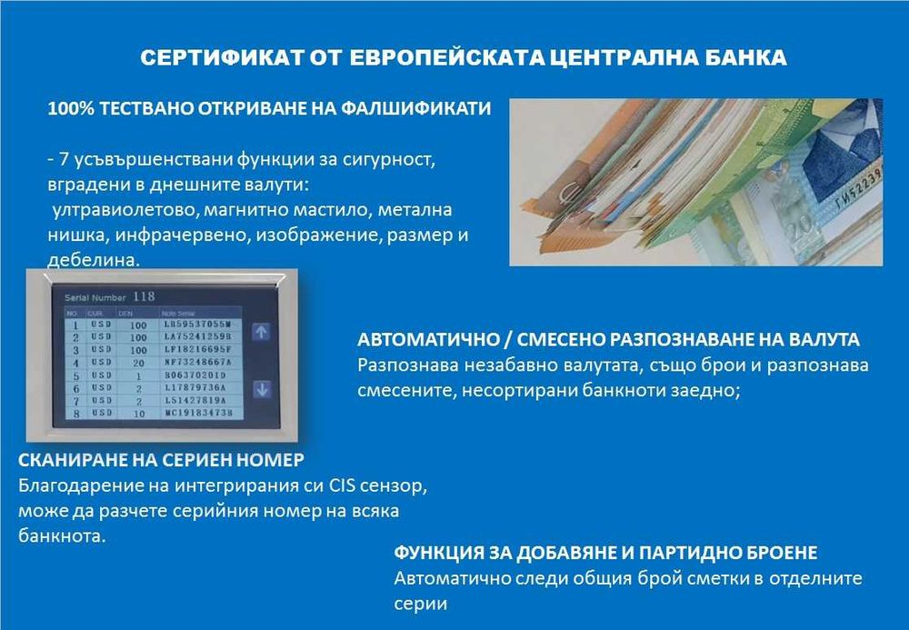 Професионална броячна машина - със сертификат от ЕЦБ