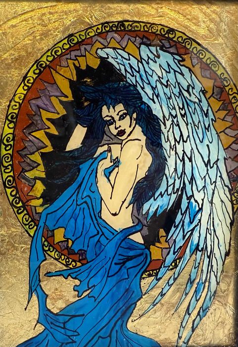 Pictura noua si moderna pe sticla -Sirena nr.2-, rama lemn