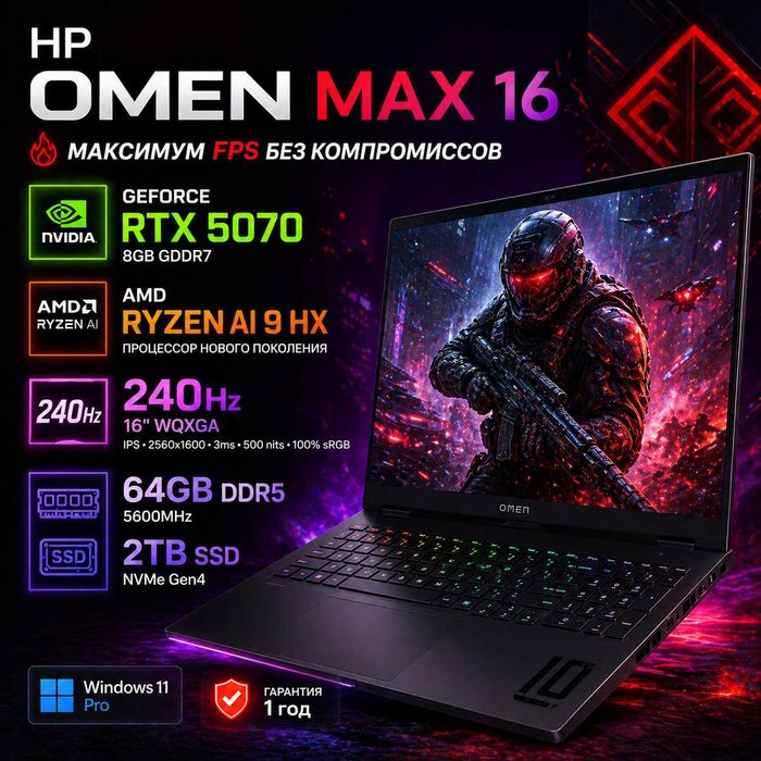 HP OMEN MAX 16 / Ryzen AI 9 /64GB/2TB/RTX5070 8GB/240Hz/Гарантия 1 год